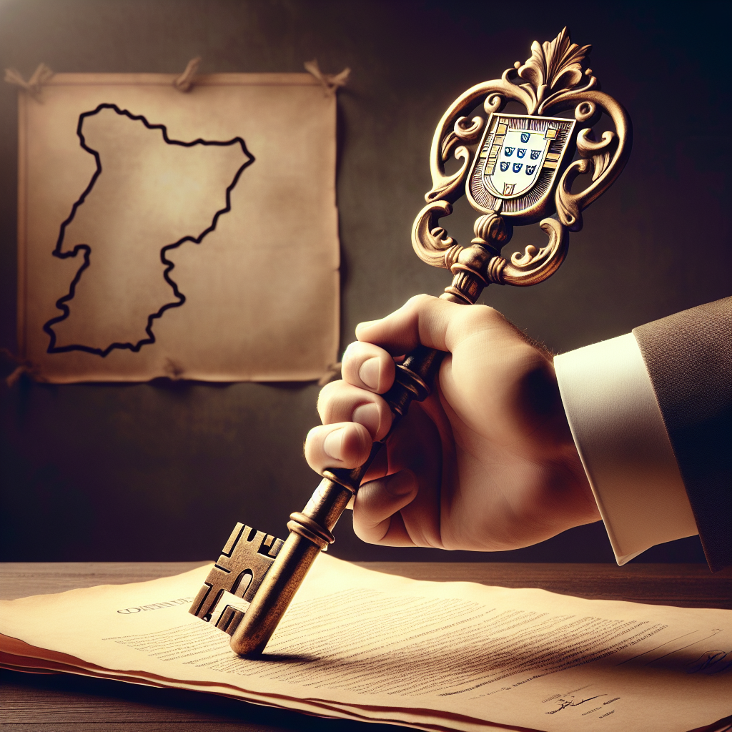 Uma mão segura uma chave grande e ornamentada, com a cabeça da chave tendo a forma de um distintivo de profissão ou um selo. A chave está inserida em um buraco de fechadura que tem o formato de um mapa de Portugal ou de um símbolo de reconhecimento oficial. Ao fundo, uma placa com texto borrado que sugere documentos ou regulamentos. A ideia é que a \'chave\' é o reconhecimento pela autoridade competente. Estilo dramático, com um bom uso de luz e so Photography: Commercial. Resolution: 720p (1280x720).